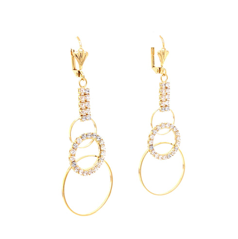 These 2-inch drop earrings feature interlocking circles and a sparkling sequence of zirconia stones at the top. Made with 14k gold-filled leverbacks, they exude versatile elegance and shine brilliantly.